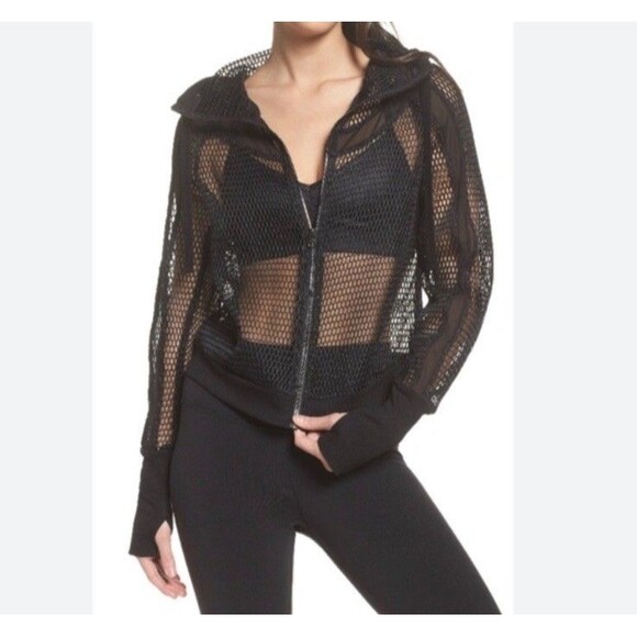 ALO Yoga  Women’s  Mesh Fortuna Hoodie Jacket  Black Sz L - Picture 2 of 13